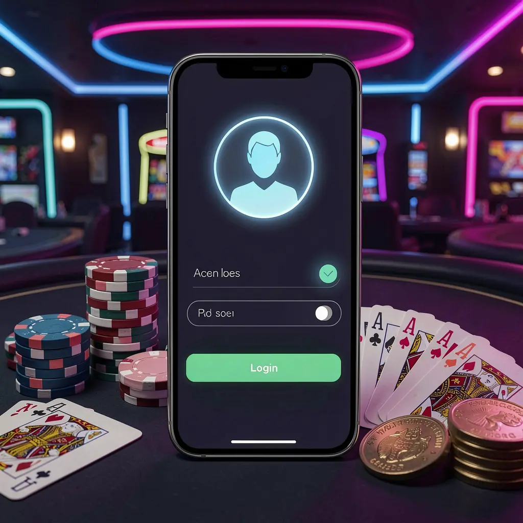 F 7777 casino app login scene on smartphone with glowing user profile icon, poker chips, playing cards, and coins on an elegant dark background with neon highlights