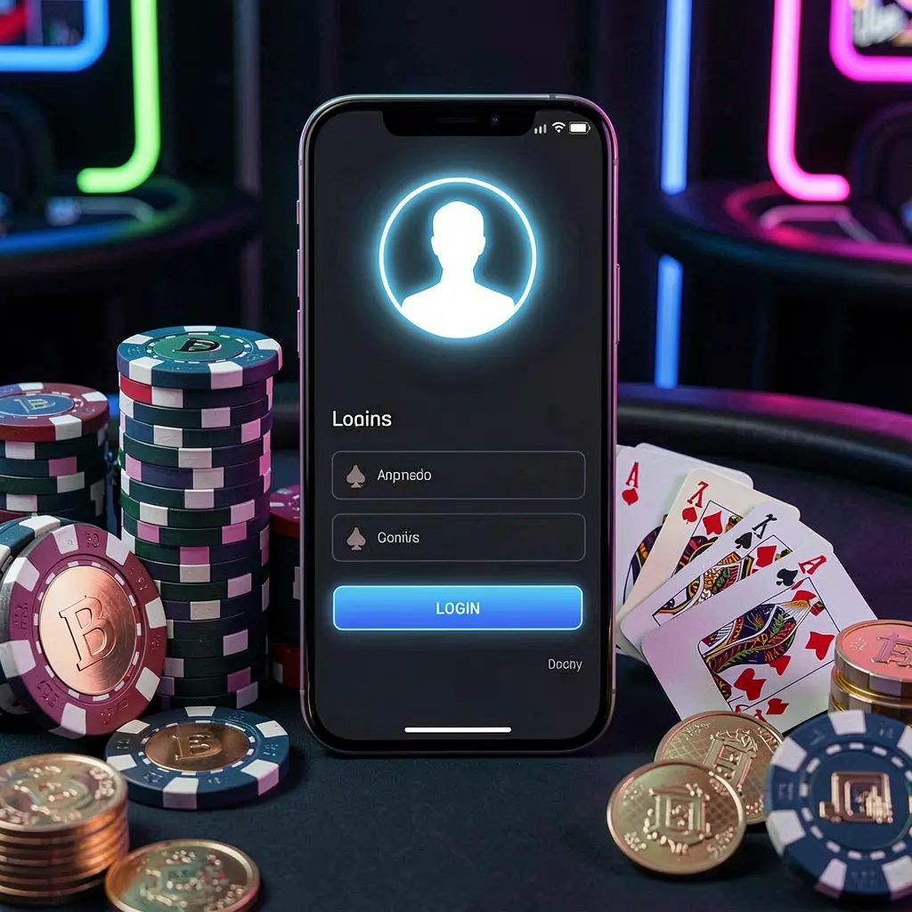 F 7777 casino app login scene on a smartphone with a glowing user profile icon, surrounded by chips, cards, and coins against an elegant dark background with neon highlights