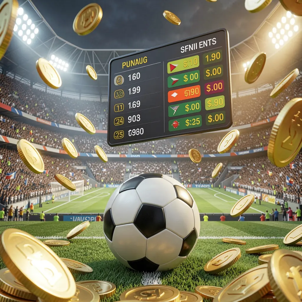 Realistic 3D illustration of a football match atmosphere with a packed stadium, a soccer ball in the foreground, floating digital odds interface, and golden coins flying, showcasing F 7777 sports betting page Realistic 3D illustration of a football match atmosphere with a packed stadium, a soccer ball in the foreground, floating digital odds interface, and golden coins flying, showcasing F 7777 sports betting page
