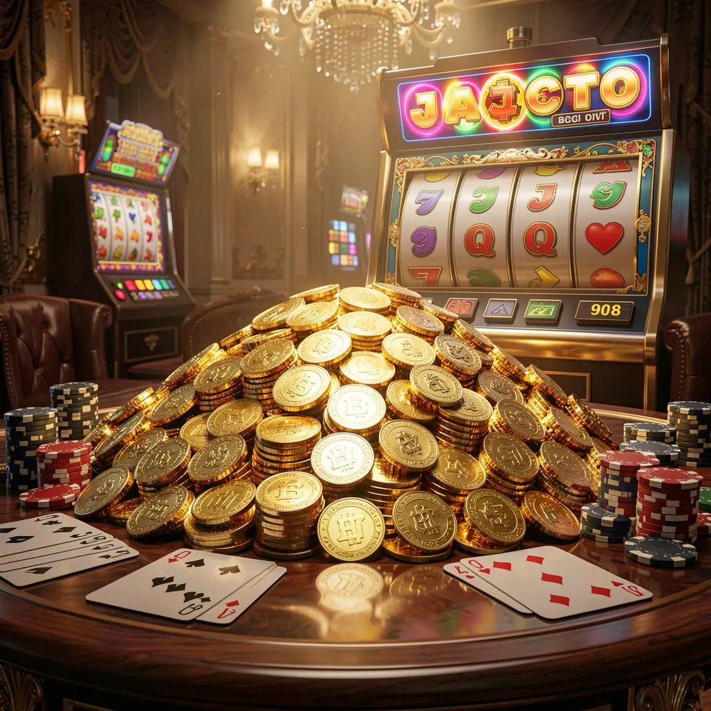 F 7777 online casino jackpot bonus scene featuring a massive pile of golden coins, a slot machine in the background with glowing jackpot lights, poker chips and playing cards on a luxury table under dramatic cinematic lighting
