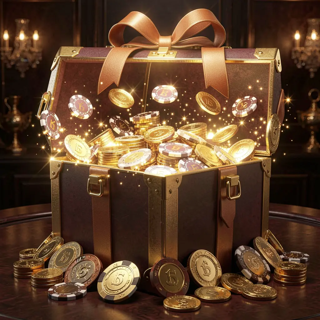 F 7777 no deposit casino bonus concept featuring a glowing gift box filled with free casino chips and golden coins against a luxury dark background with magical sparkle effects creating an exciting reward atmosphere