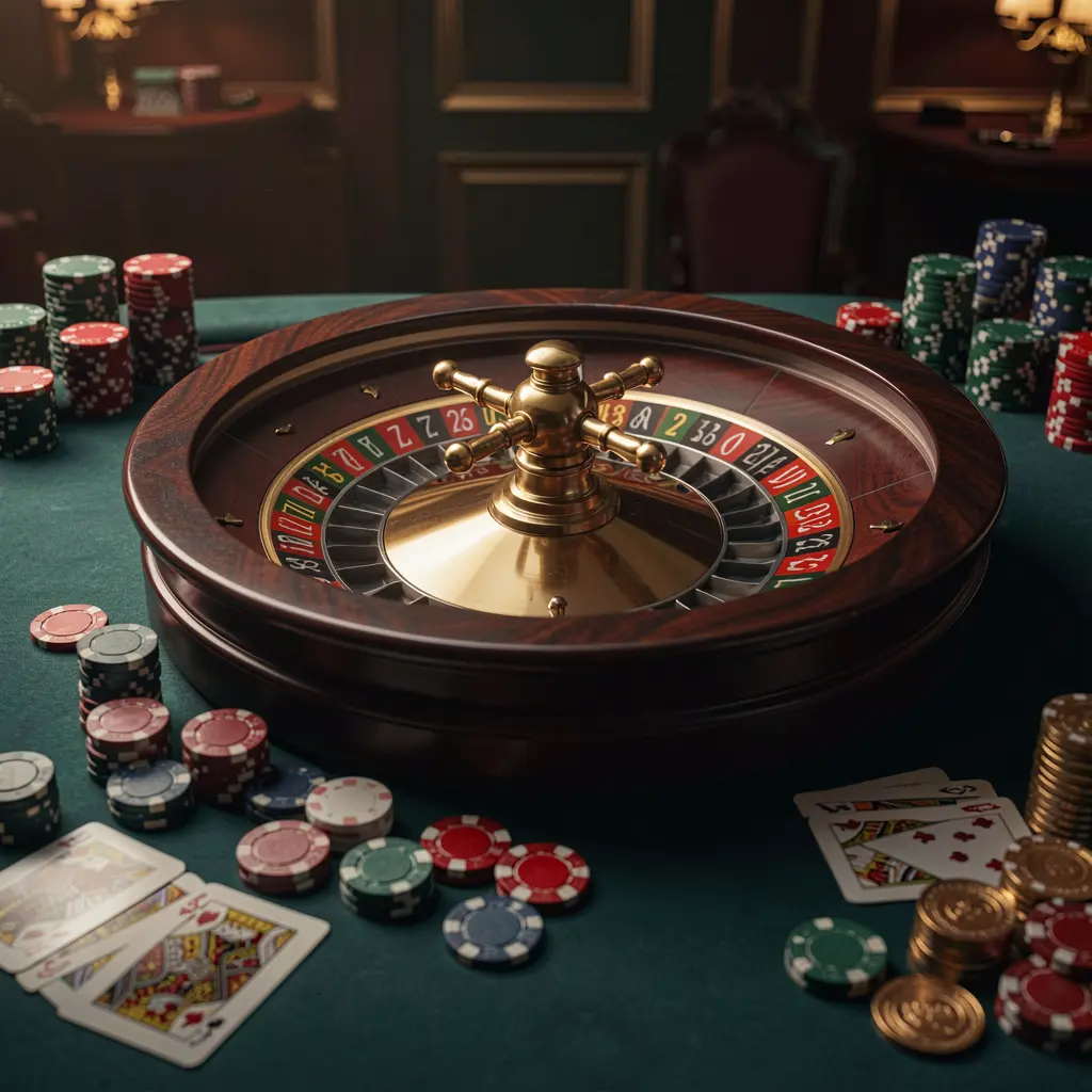 F 7777 classic casino scene featuring a spinning roulette wheel, scattered chips, playing cards, and coins on a table with an elegant dark background and cinematic lighting