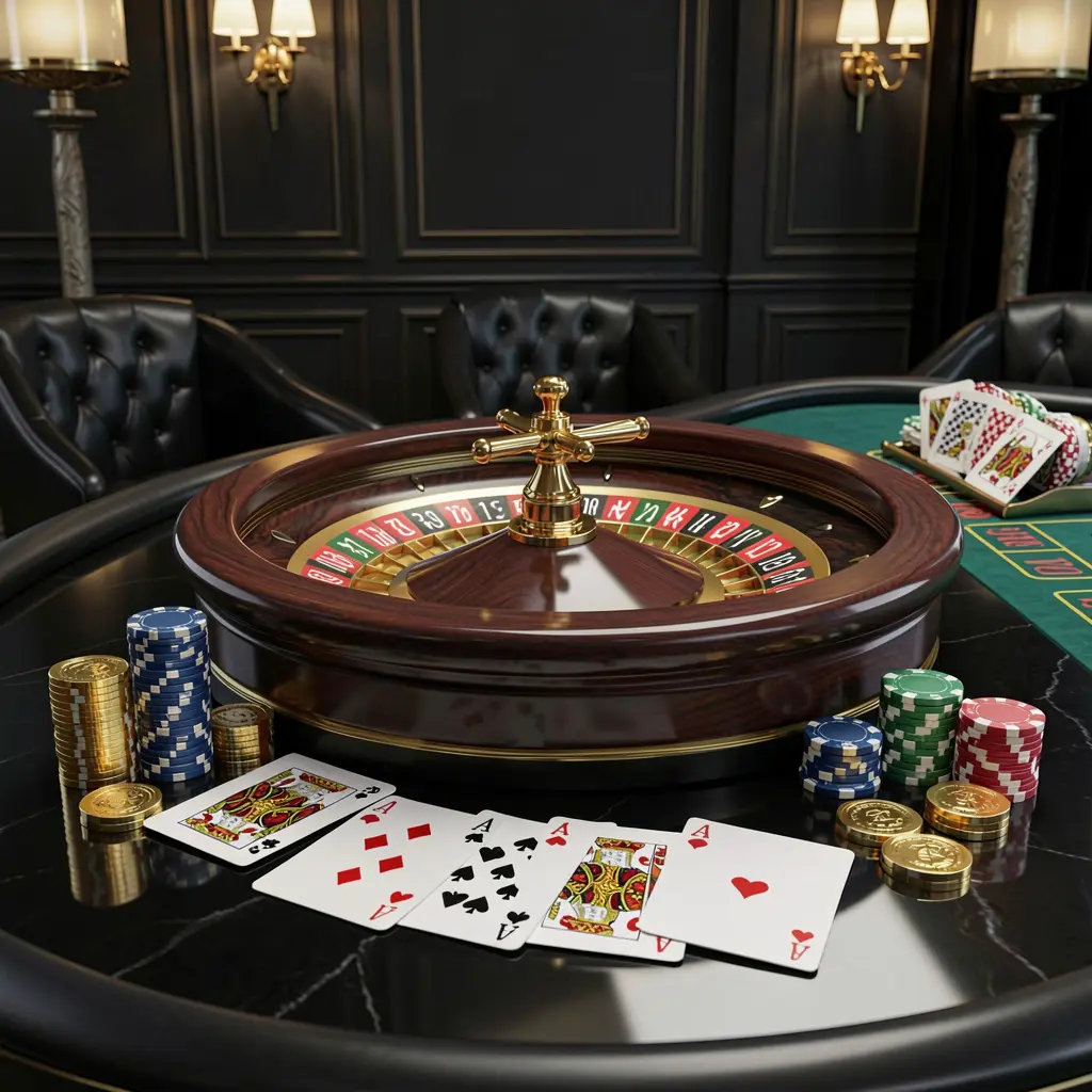 Realistic 3D illustration of a modern online casino scene featuring a roulette wheel, playing cards, poker chips, and golden coins on a glossy table with a dark luxury background, showcasing the F 7777 brand experience