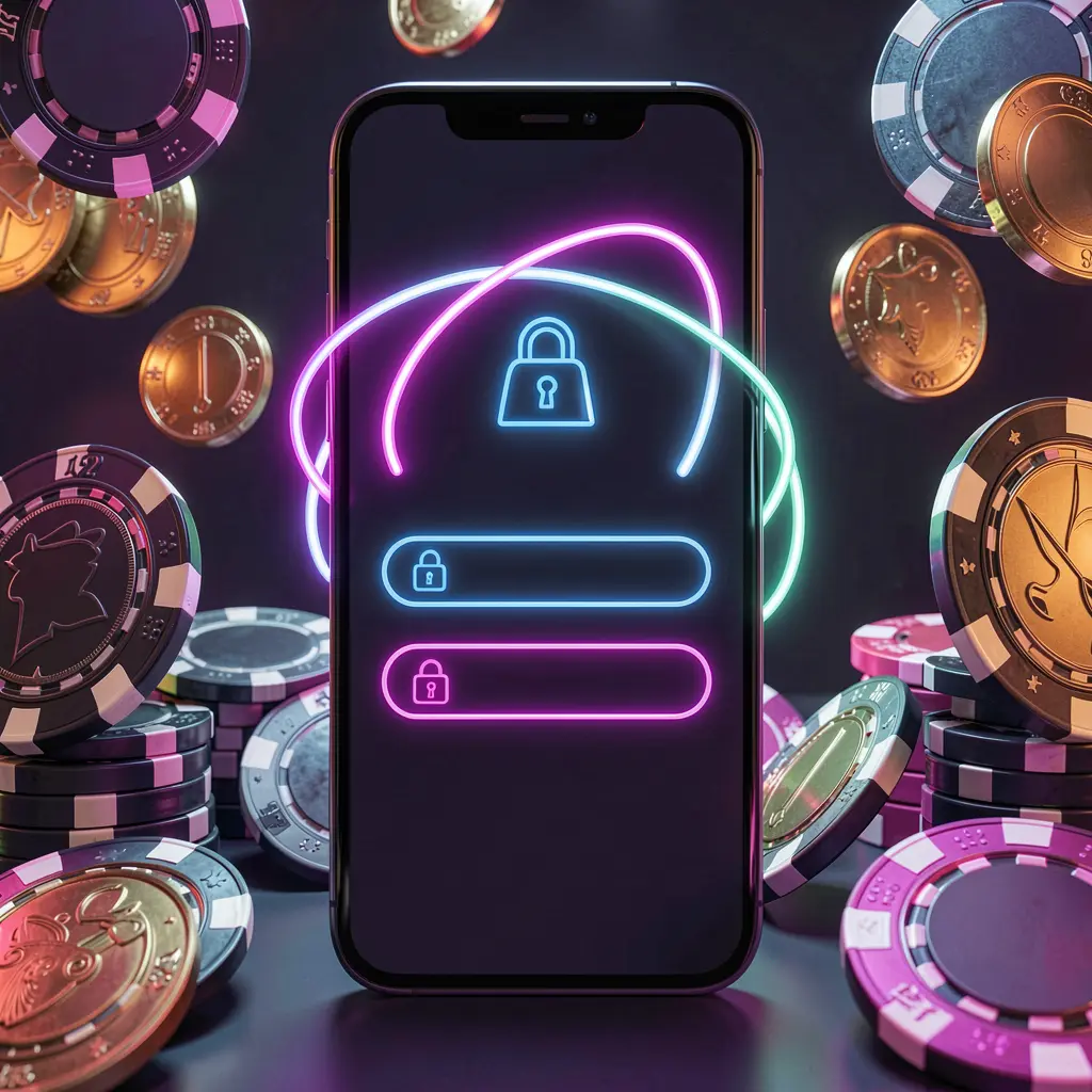 F 7777 mobile gaming login page concept featuring a smartphone with an abstract login interface, user and lock icons, surrounded by casino chips and coins under luxury neon lighting F 7777 mobile gaming login page concept featuring a smartphone with an abstract login interface, user and lock icons, surrounded by casino chips and coins under luxury neon lighting