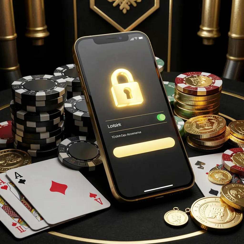 F 7777 secure casino account login concept with glowing lock icon on smartphone screen surrounded by poker chips, playing cards, and golden coins against an elegant black and gold background F 7777 secure casino account login concept with glowing lock icon on smartphone screen surrounded by poker chips, playing cards, and golden coins against an elegant black and gold background