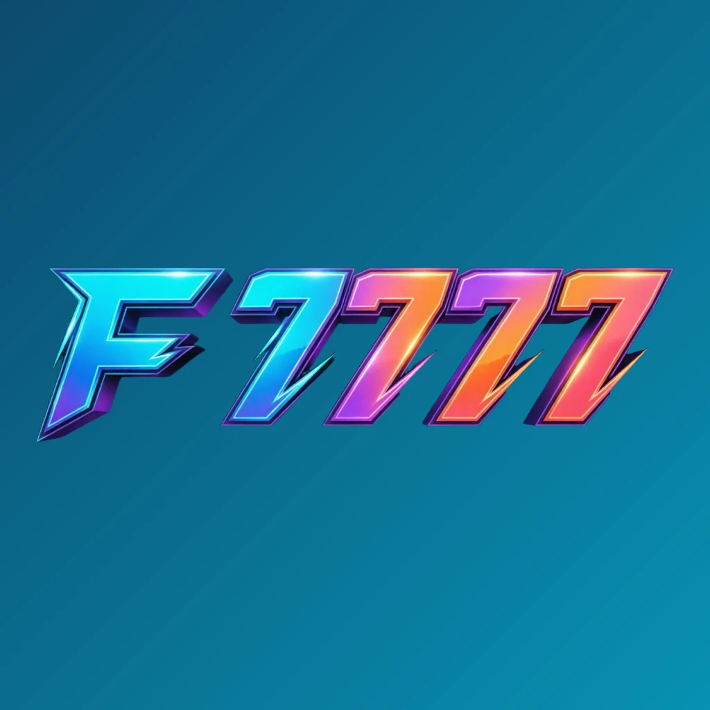 F 7777 bold gaming logo with strong 3D lettering in energetic colors, modern esports-inspired horizontal rectangular wordmark on transparent background