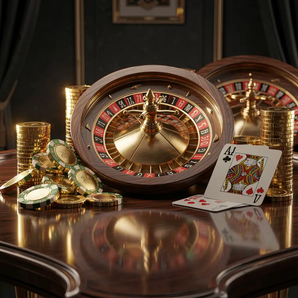F 7777 premium online casino banner featuring golden coins, glowing chips, roulette wheel, and cards on a glossy table with an elegant dark background in a high detail realistic 3D render